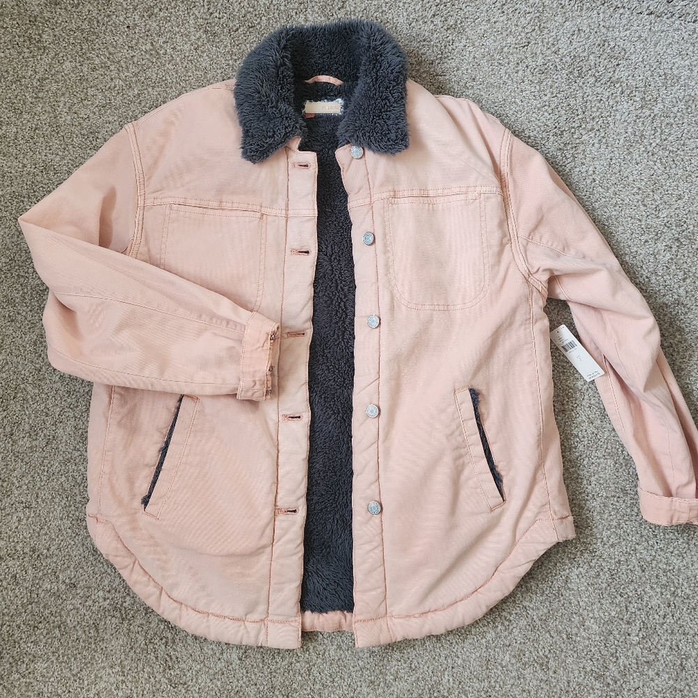 Anthropologie NWT Pilcro Pink Wash Gray Sherpa Utility Jacket Cozy S Shacket Fur - Picture 2 of 8